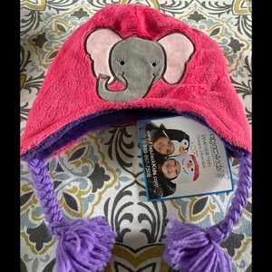 Reversible fleece girls hat, elephant and hippo
